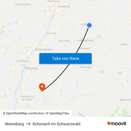 Weinsberg to Schonach Im Schwarzwald map