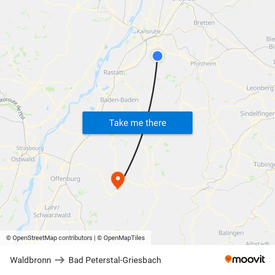 Waldbronn to Bad Peterstal-Griesbach map