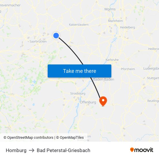 Homburg to Bad Peterstal-Griesbach map