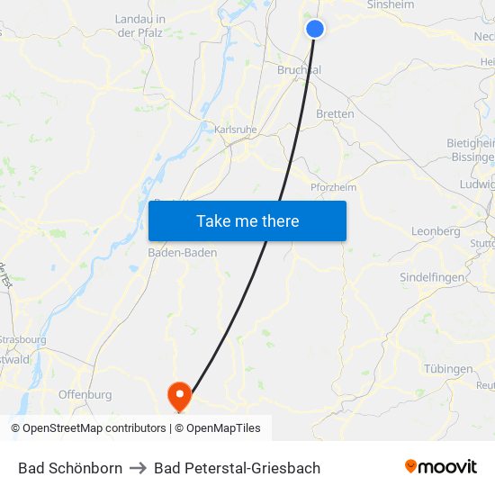 Bad Schönborn to Bad Peterstal-Griesbach map