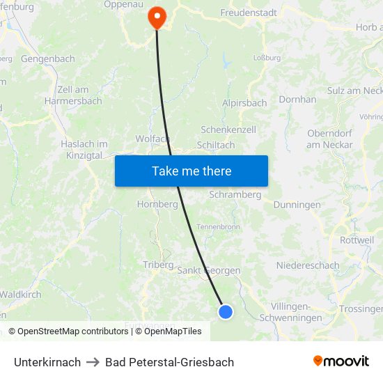 Unterkirnach to Bad Peterstal-Griesbach map
