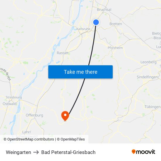 Weingarten to Bad Peterstal-Griesbach map