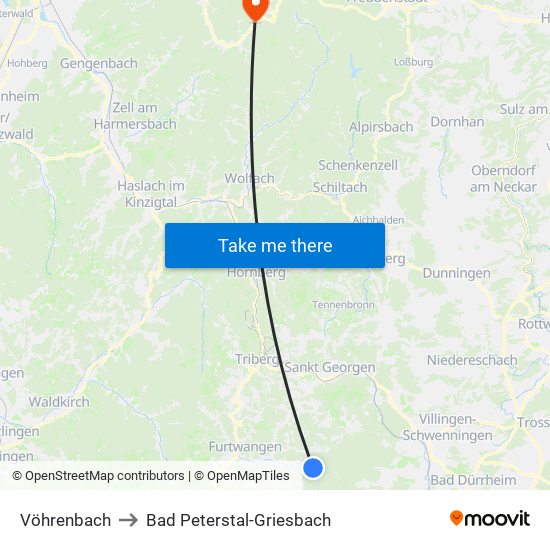 Vöhrenbach to Bad Peterstal-Griesbach map