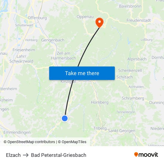 Elzach to Bad Peterstal-Griesbach map