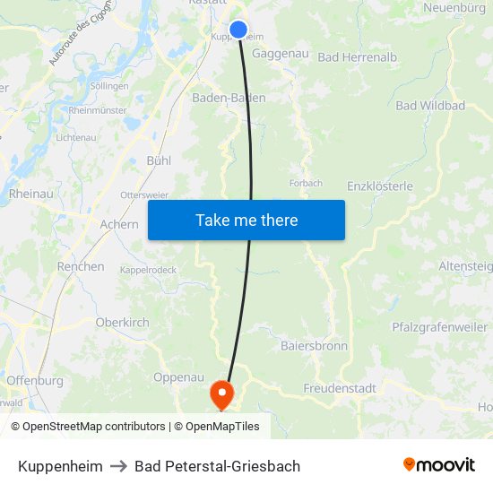 Kuppenheim to Bad Peterstal-Griesbach map