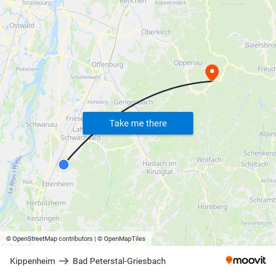 Kippenheim to Bad Peterstal-Griesbach map