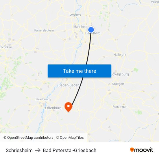 Schriesheim to Bad Peterstal-Griesbach map