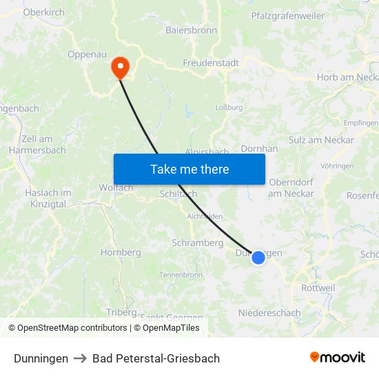 Dunningen to Bad Peterstal-Griesbach map