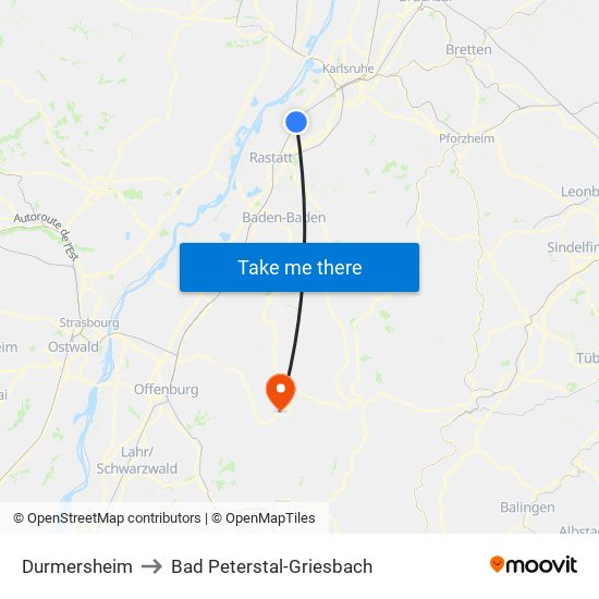 Durmersheim to Bad Peterstal-Griesbach map