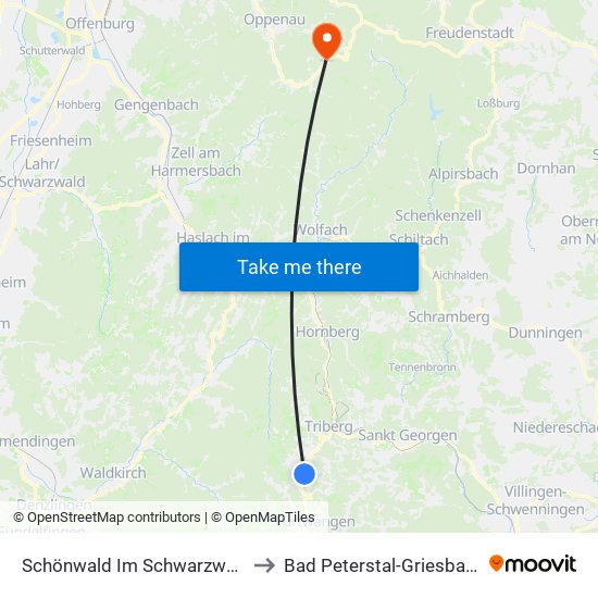 Schönwald Im Schwarzwald to Bad Peterstal-Griesbach map