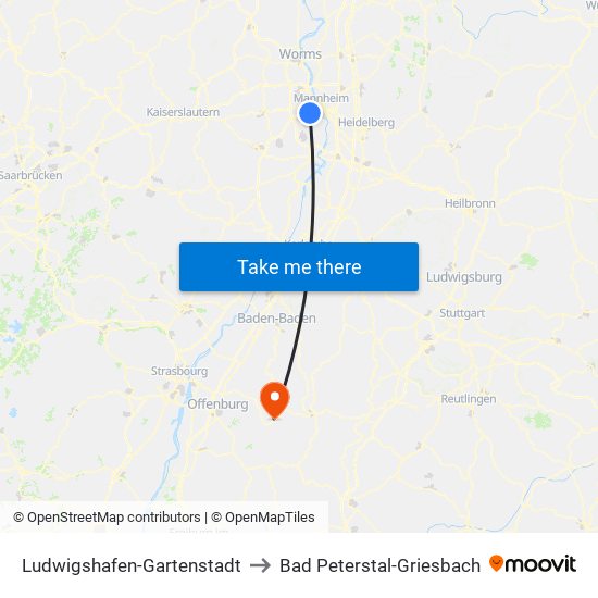 Ludwigshafen-Gartenstadt to Bad Peterstal-Griesbach map