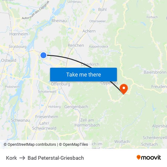 Kork to Bad Peterstal-Griesbach map