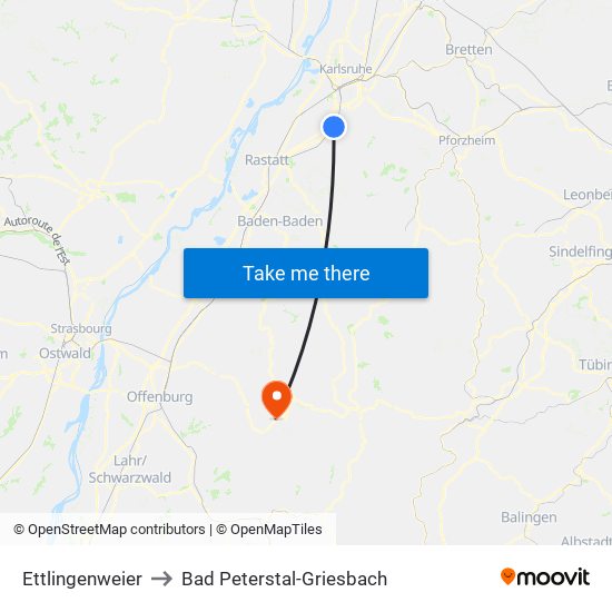 Ettlingenweier to Bad Peterstal-Griesbach map