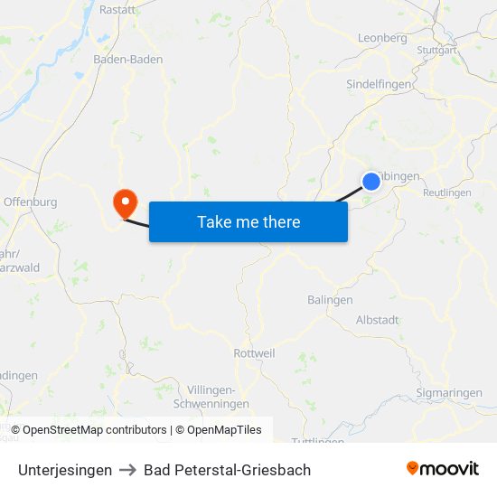 Unterjesingen to Bad Peterstal-Griesbach map