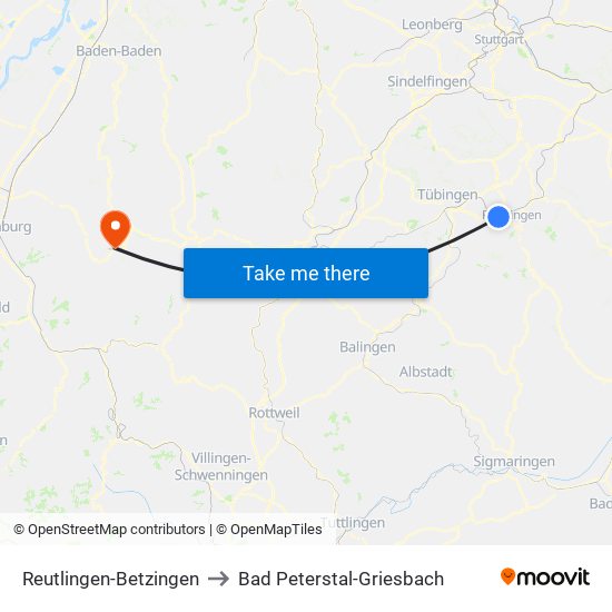 Reutlingen-Betzingen to Bad Peterstal-Griesbach map