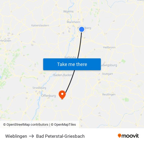 Wieblingen to Bad Peterstal-Griesbach map