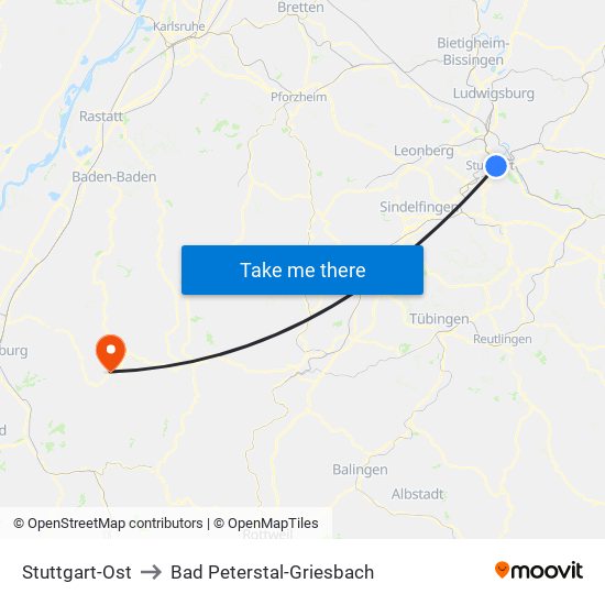 Stuttgart-Ost to Bad Peterstal-Griesbach map