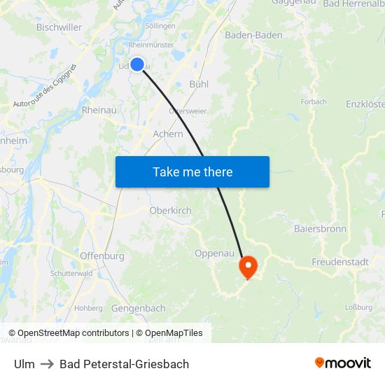 Ulm to Bad Peterstal-Griesbach map