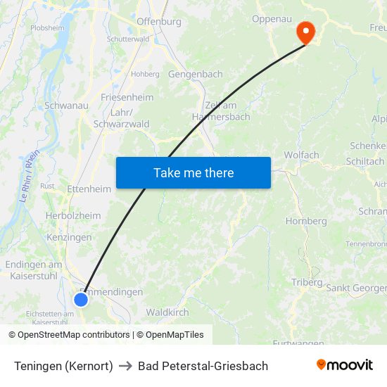 Teningen (Kernort) to Bad Peterstal-Griesbach map