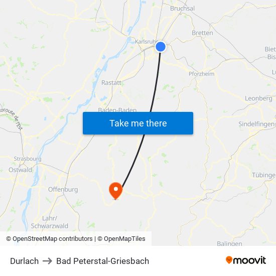 Durlach to Bad Peterstal-Griesbach map