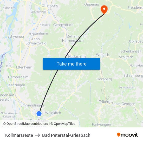 Kollmarsreute to Bad Peterstal-Griesbach map