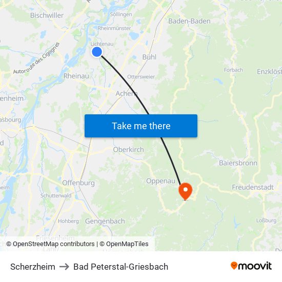 Scherzheim to Bad Peterstal-Griesbach map