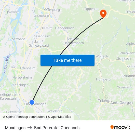 Mundingen to Bad Peterstal-Griesbach map