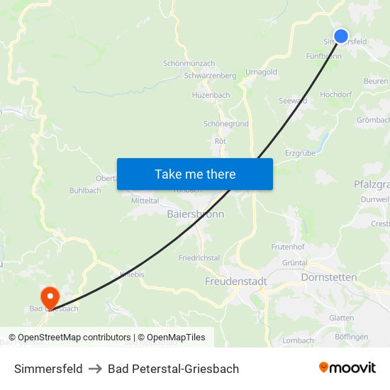 Simmersfeld to Bad Peterstal-Griesbach map