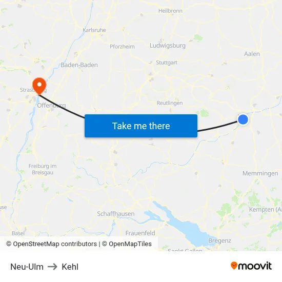 Neu-Ulm to Kehl map