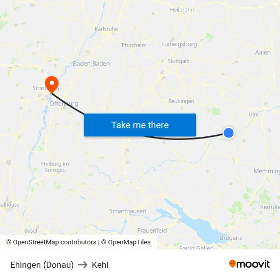 Ehingen (Donau) to Kehl map