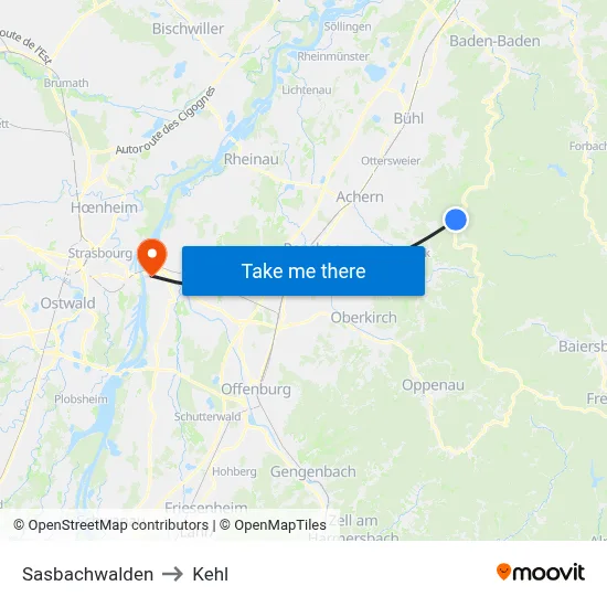 Sasbachwalden to Kehl map
