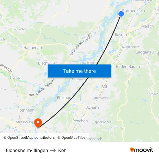 Elchesheim-Illingen to Kehl map