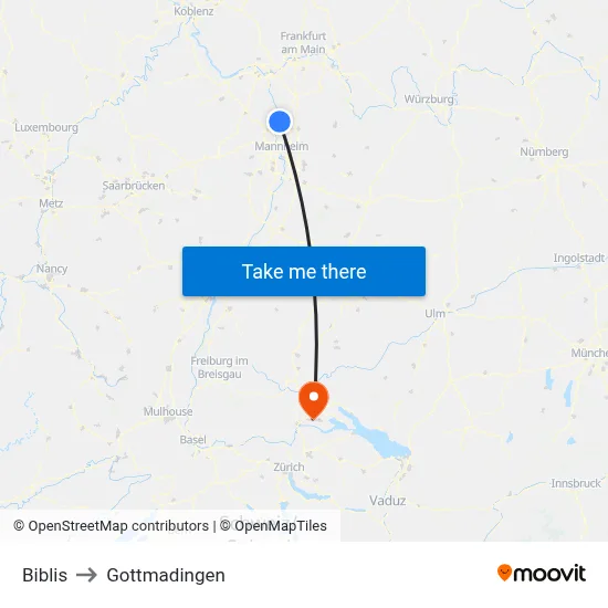 Biblis to Gottmadingen map
