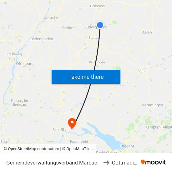 Gemeindeverwaltungsverband Marbach am Neckar to Gottmadingen map