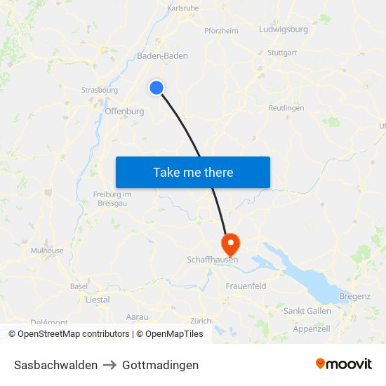 Sasbachwalden to Gottmadingen map