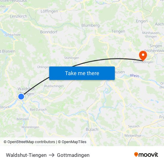 Waldshut-Tiengen to Gottmadingen map