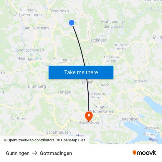 Gunningen to Gottmadingen map