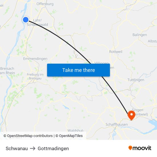 Schwanau to Gottmadingen map