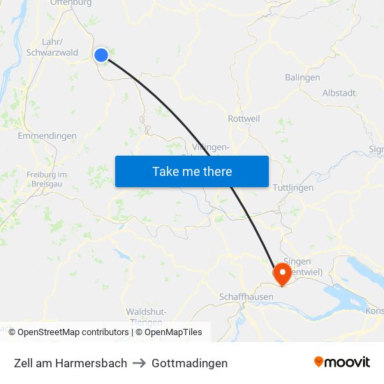 Zell am Harmersbach to Gottmadingen map