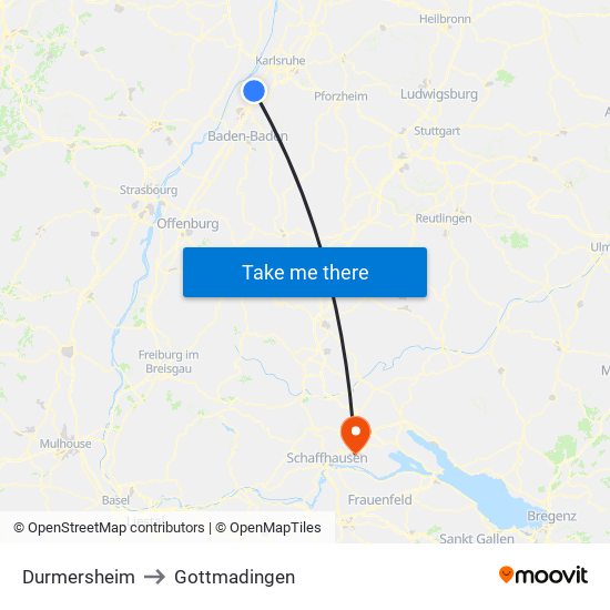 Durmersheim to Gottmadingen map