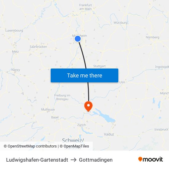 Ludwigshafen-Gartenstadt to Gottmadingen map