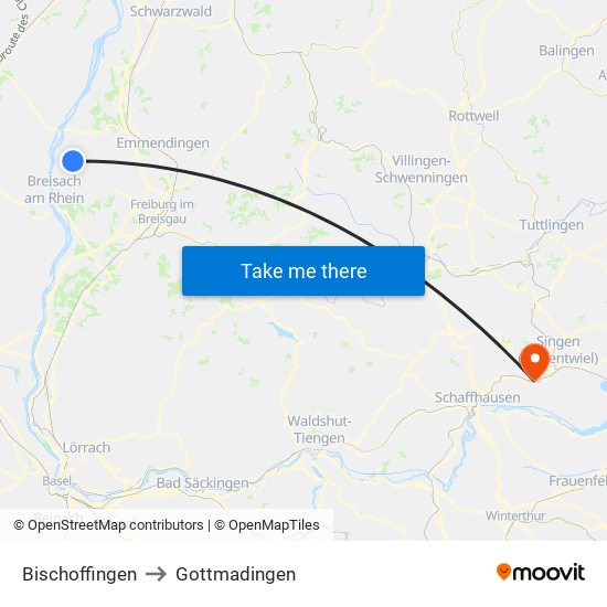 Bischoffingen to Gottmadingen map