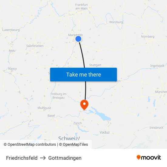 Friedrichsfeld to Gottmadingen map