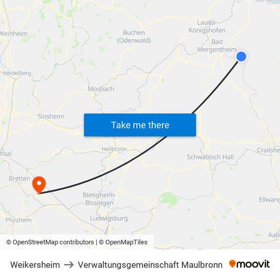 Weikersheim to Verwaltungsgemeinschaft Maulbronn map