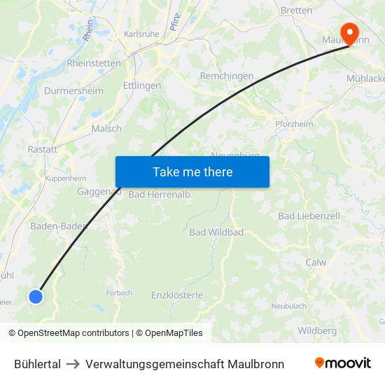 Bühlertal to Verwaltungsgemeinschaft Maulbronn map