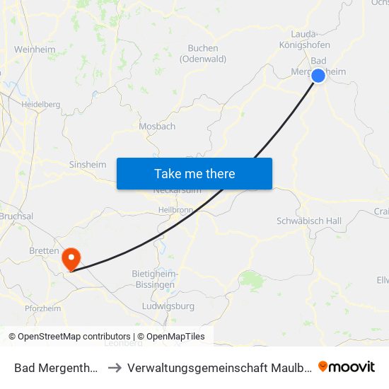 Bad Mergentheim to Verwaltungsgemeinschaft Maulbronn map