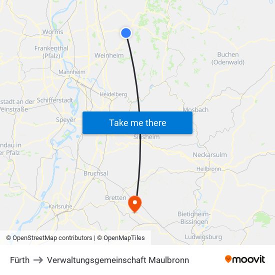 Fürth to Verwaltungsgemeinschaft Maulbronn map