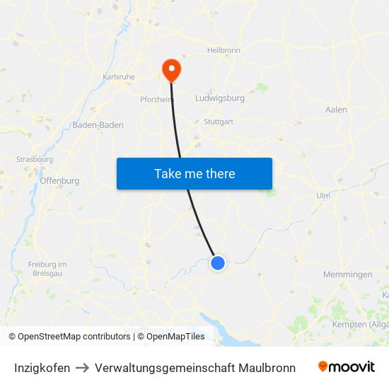 Inzigkofen to Verwaltungsgemeinschaft Maulbronn map