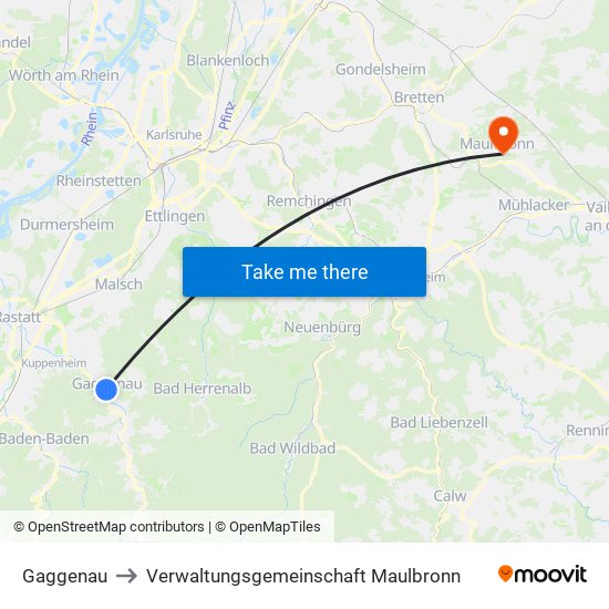 Gaggenau to Verwaltungsgemeinschaft Maulbronn map