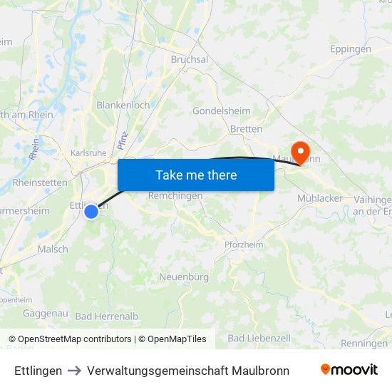 Ettlingen to Verwaltungsgemeinschaft Maulbronn map